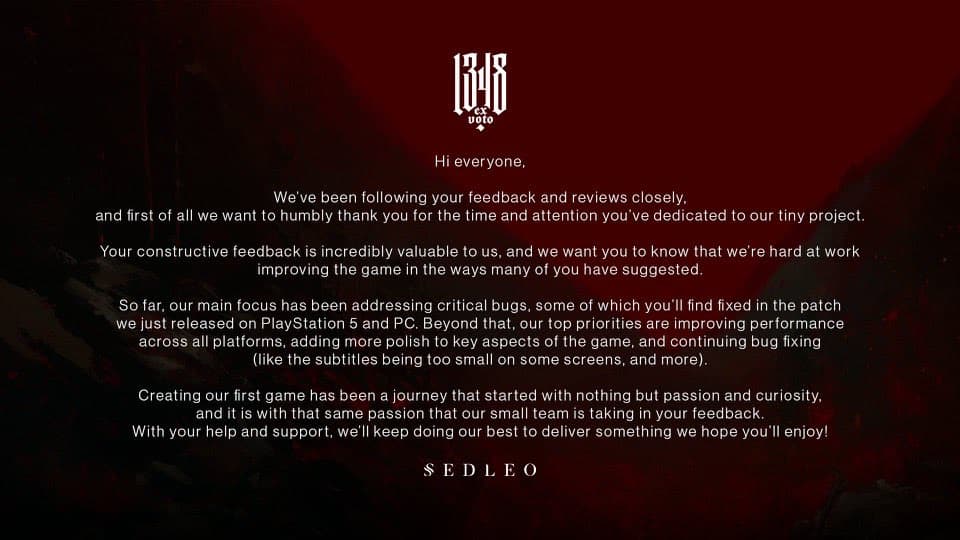 Sedleo tras el desastroso lanzamiento de 1348 Ex Voto: "Estamos trabajando duro para mejorar el juego"